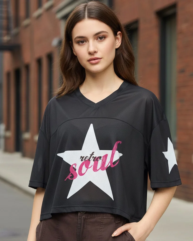 bewakoof Women's Black Graphic Printed Oversized Crop Mesh T-shirt